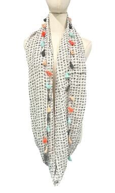 Aeropostale White Infinity Scarf Multicolor Hearts Fringe Trim Boho Chic Hippie